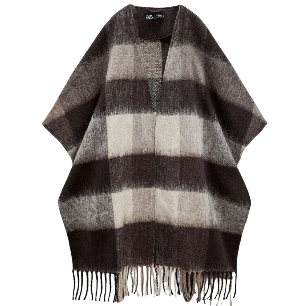 ZARA Fringed Plaid Poncho checked fringe boho open front sweater dark camel Sz M - Picture 1 of 9